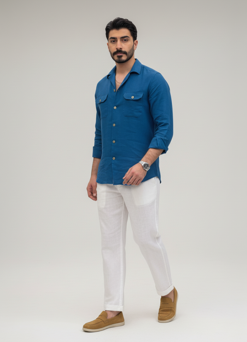 Blue Linen Button-Up Shirt