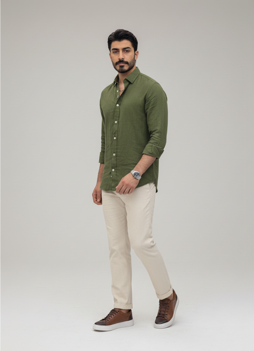 Green Linen Button-Up Shirt