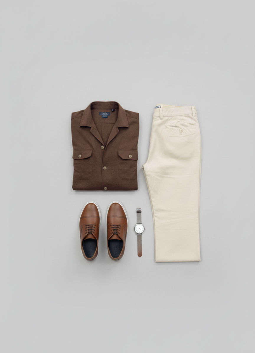 Brown Linen Button-Up Shirt