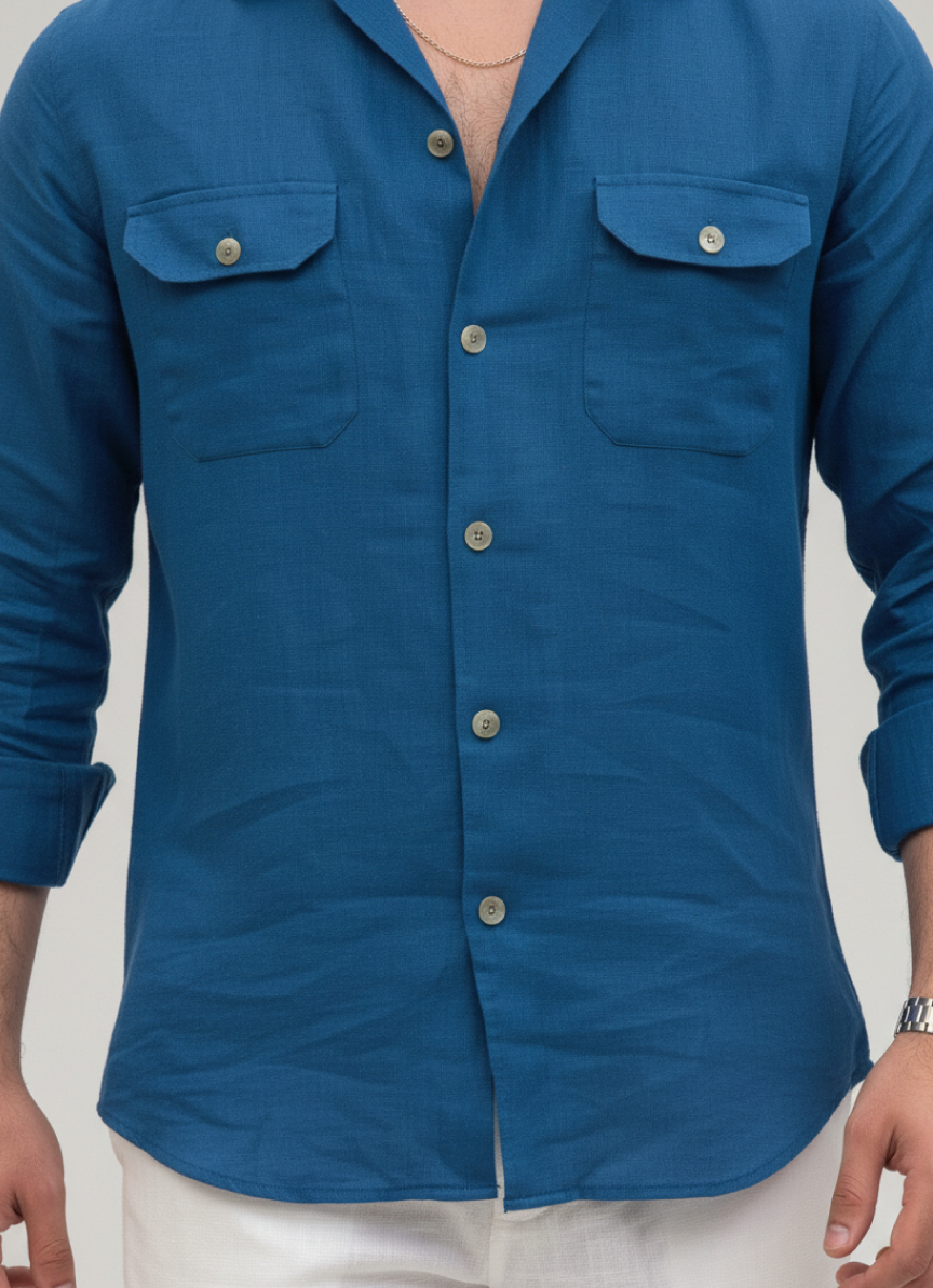 Blue Linen Button-Up Shirt