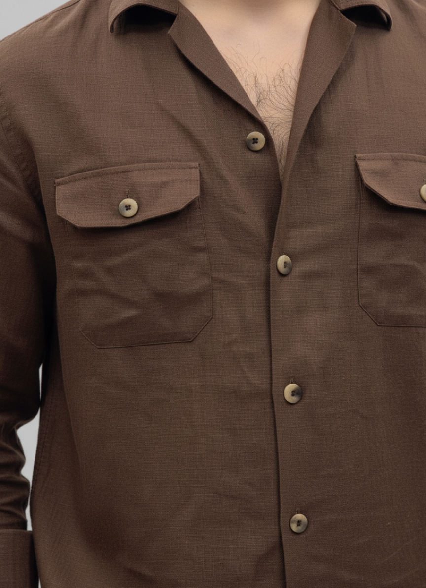 Brown Linen Button-Up Shirt