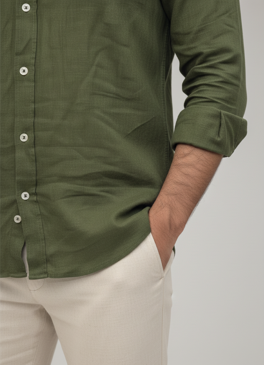 Green Linen Button-Up Shirt
