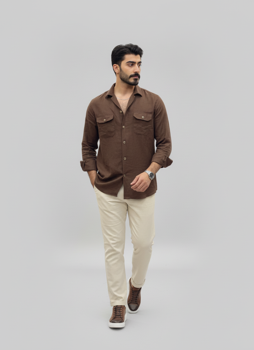 Brown Linen Button-Up Shirt