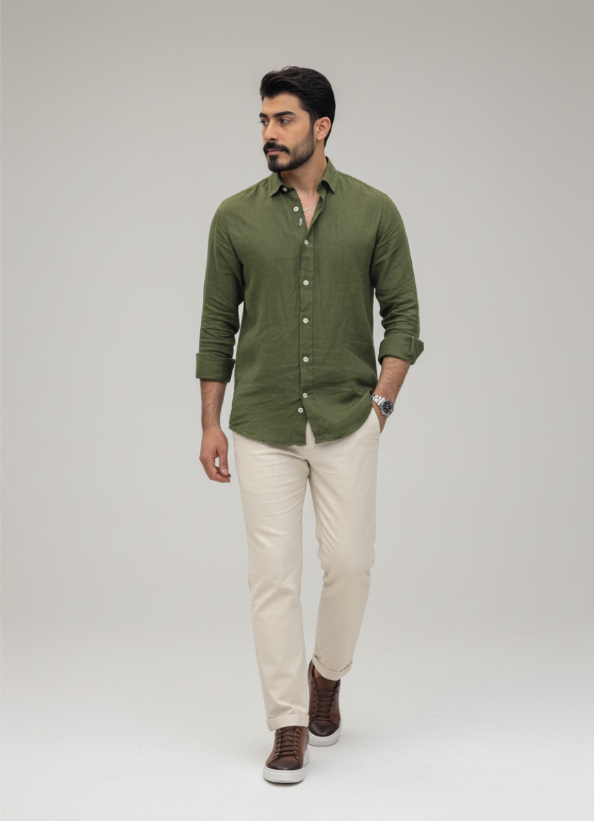 Green Linen Button-Up Shirt