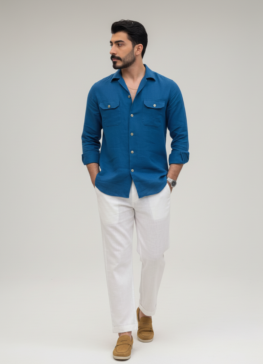 Blue Linen Button-Up Shirt