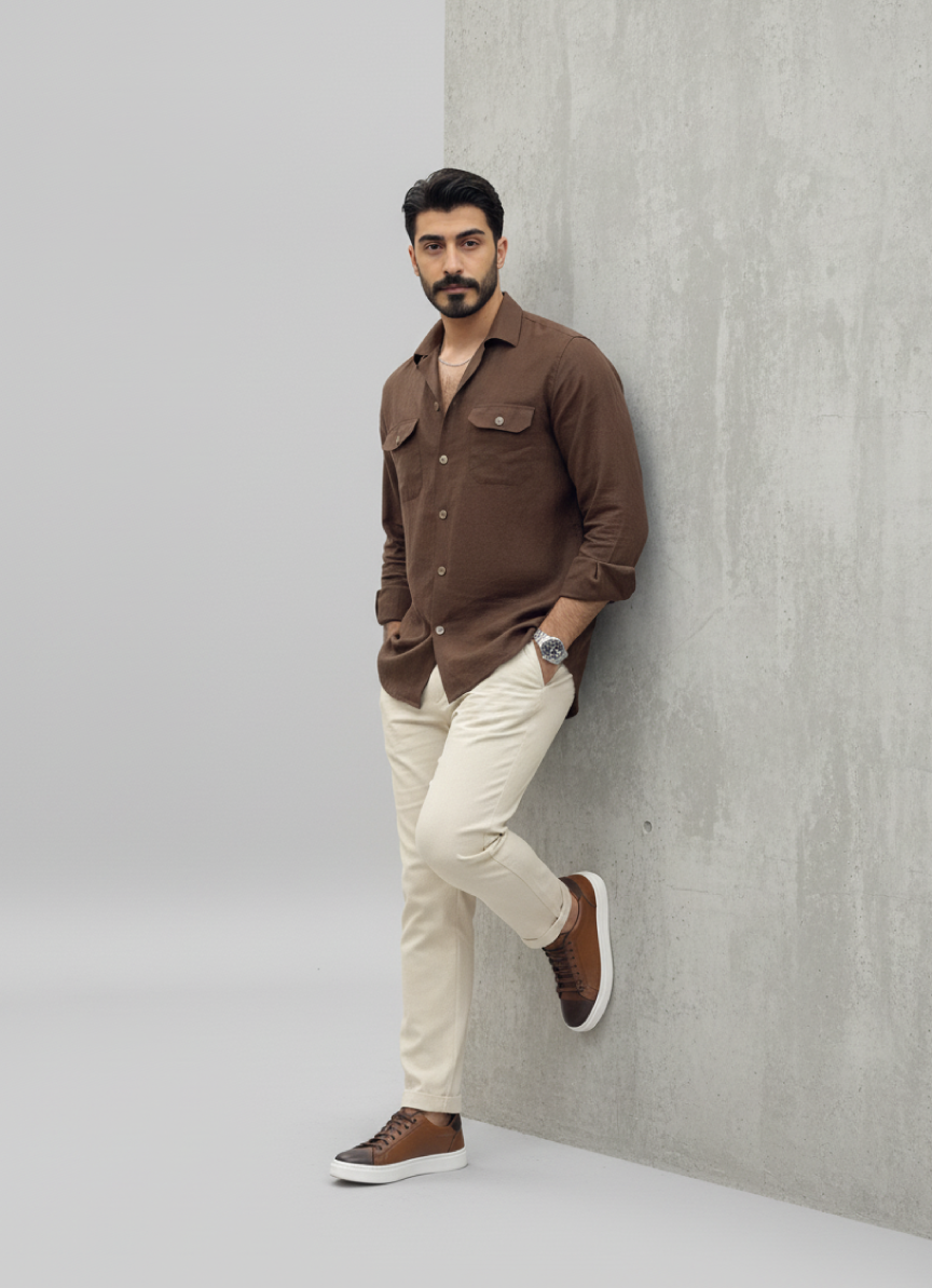 Brown Linen Button-Up Shirt