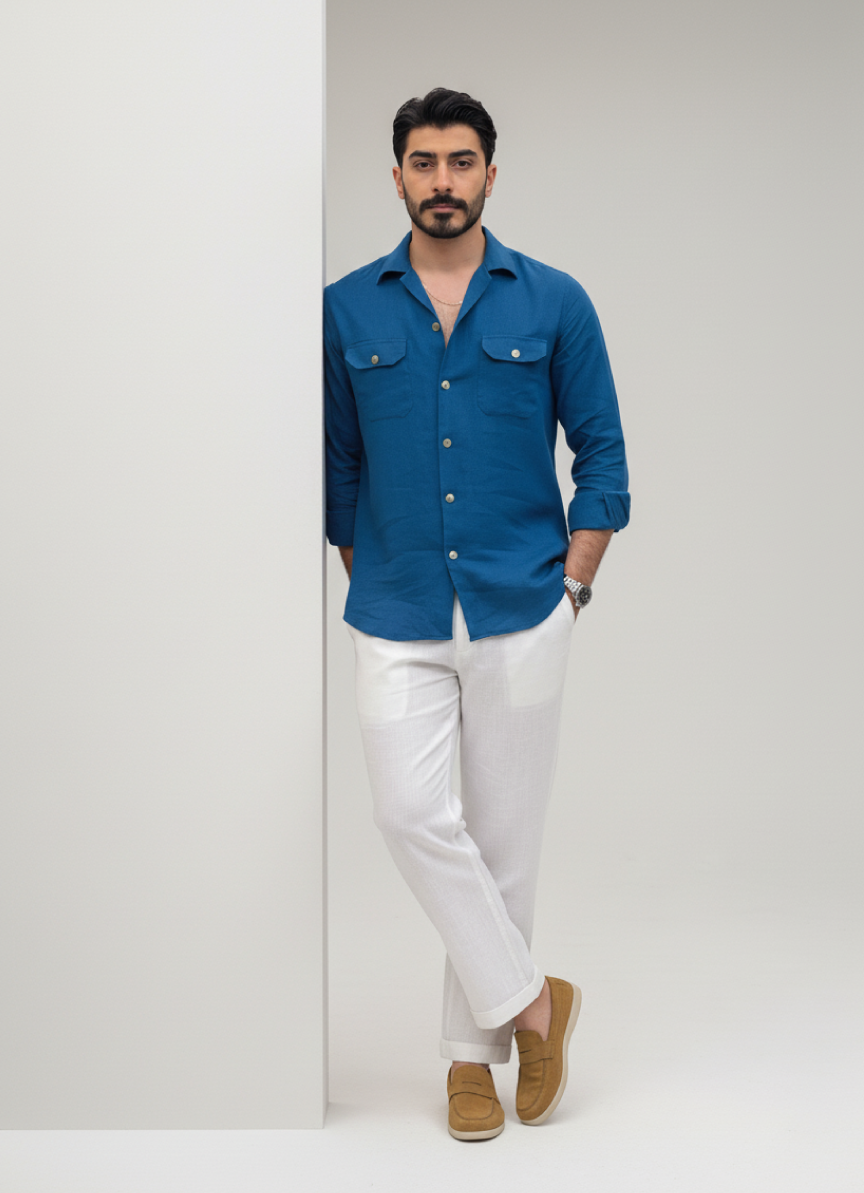 Blue Linen Button-Up Shirt