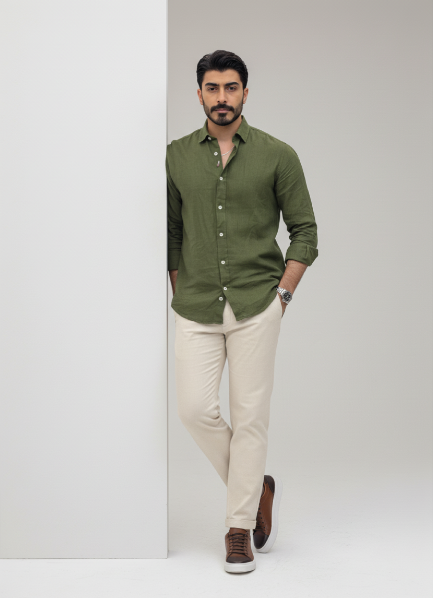 Green Linen Button-Up Shirt