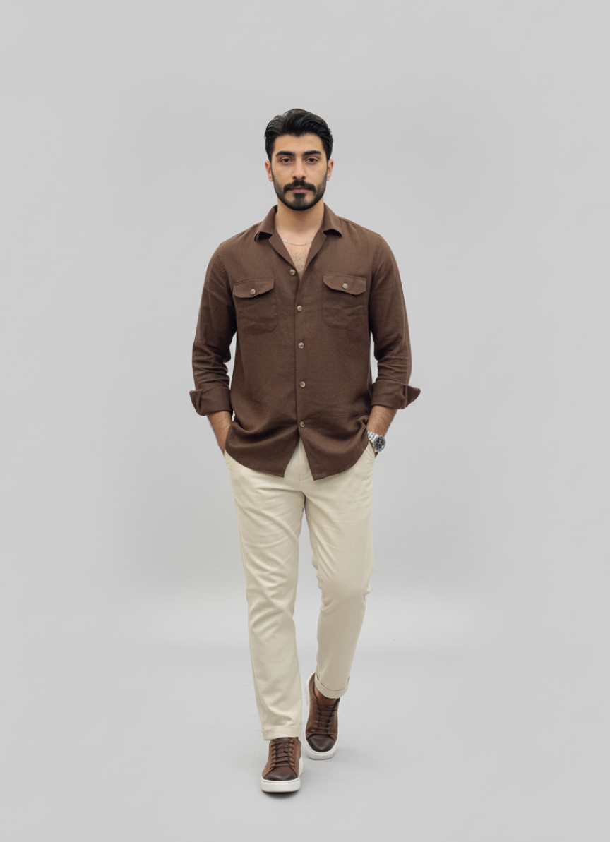 Brown Linen Button-Up Shirt