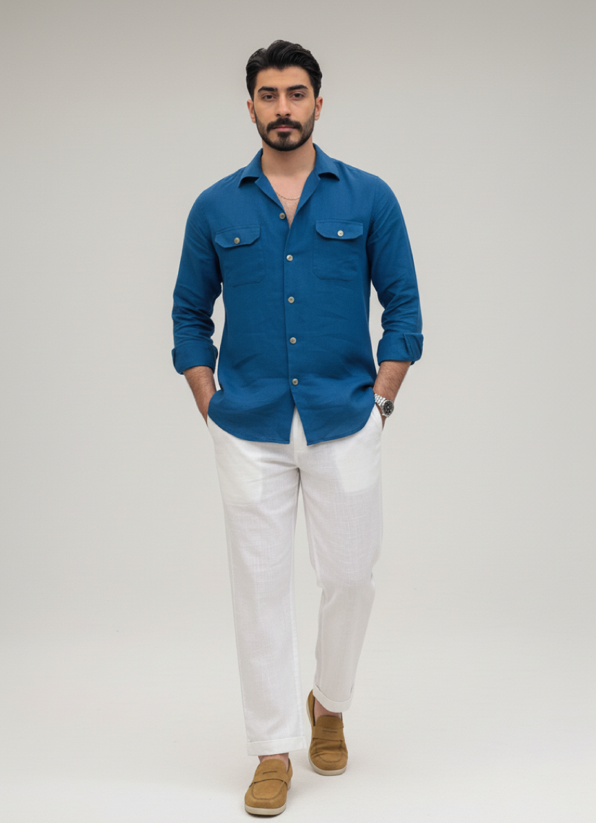 Blue Linen Button-Up Shirt