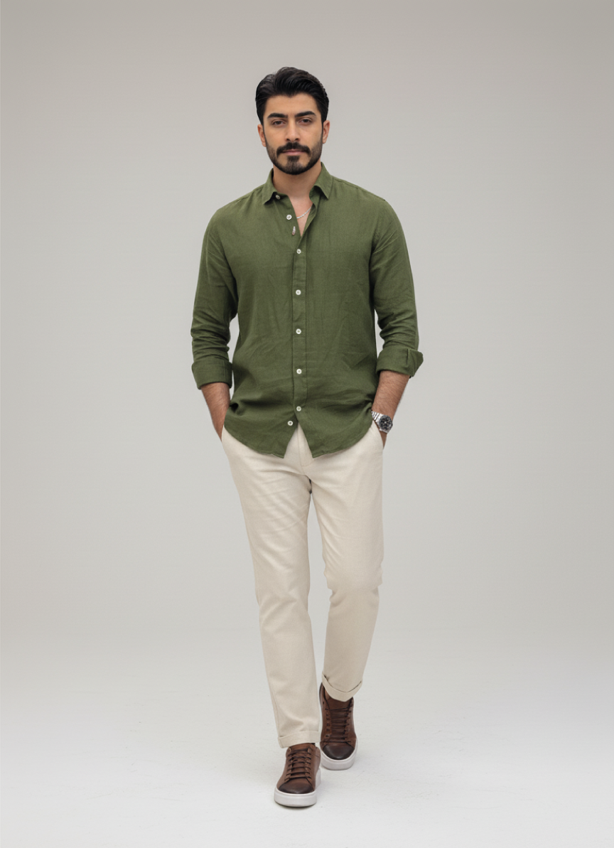 Green Linen Button-Up Shirt