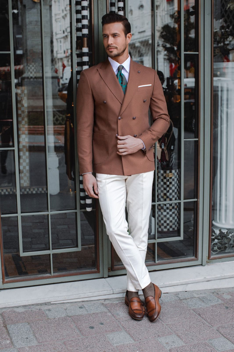 Brown Double-Breasted Suit with White Trousers