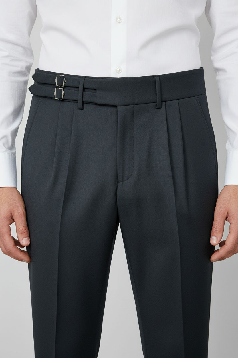 Black High-Waisted Pants with Double Buckles