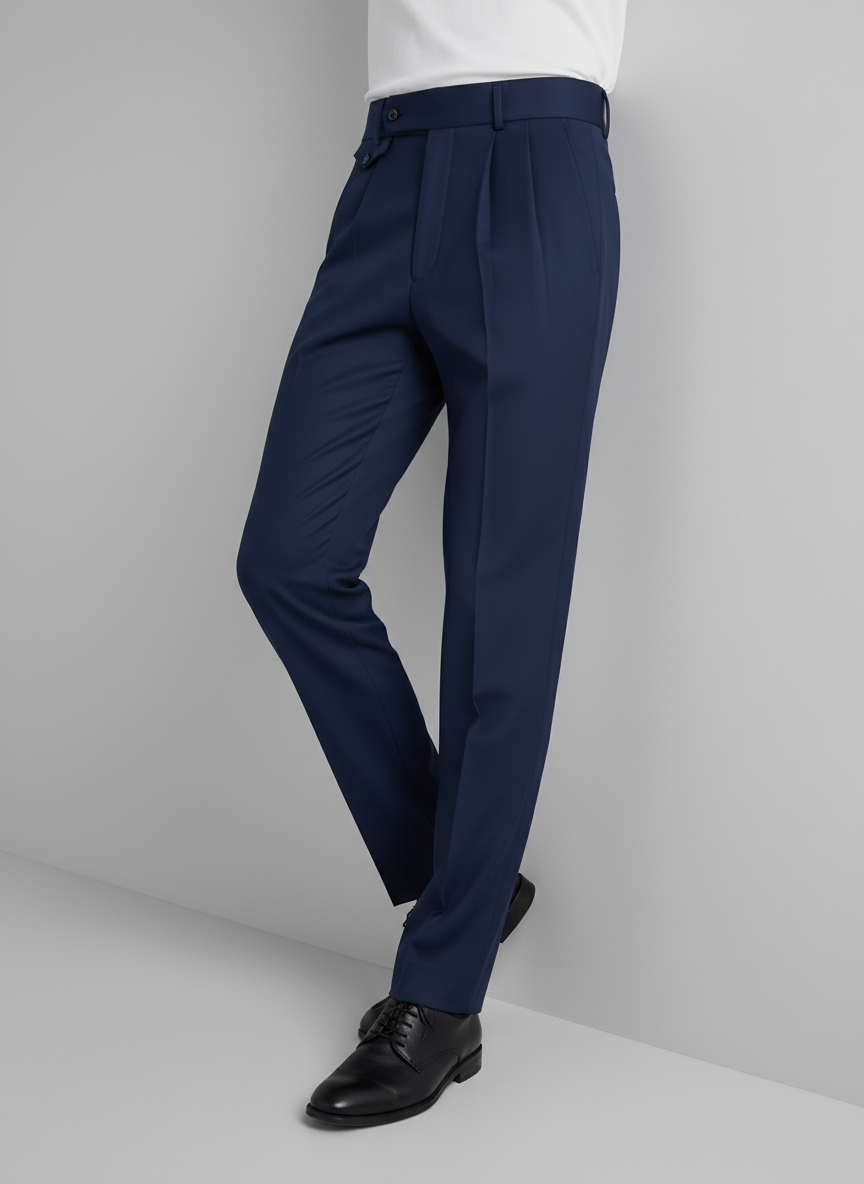 Navy Pleated Trousers with Side Tabs