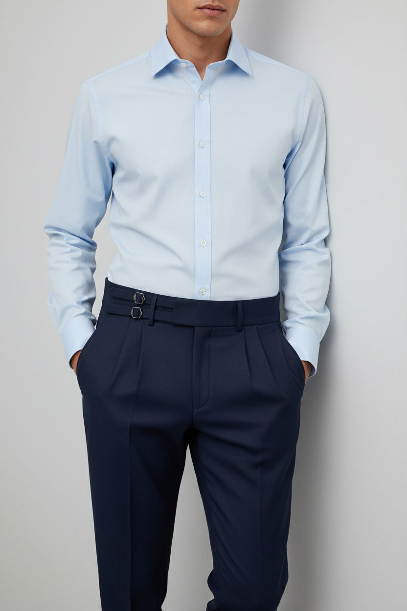 Navy High-Waisted Pants with Double Buckles